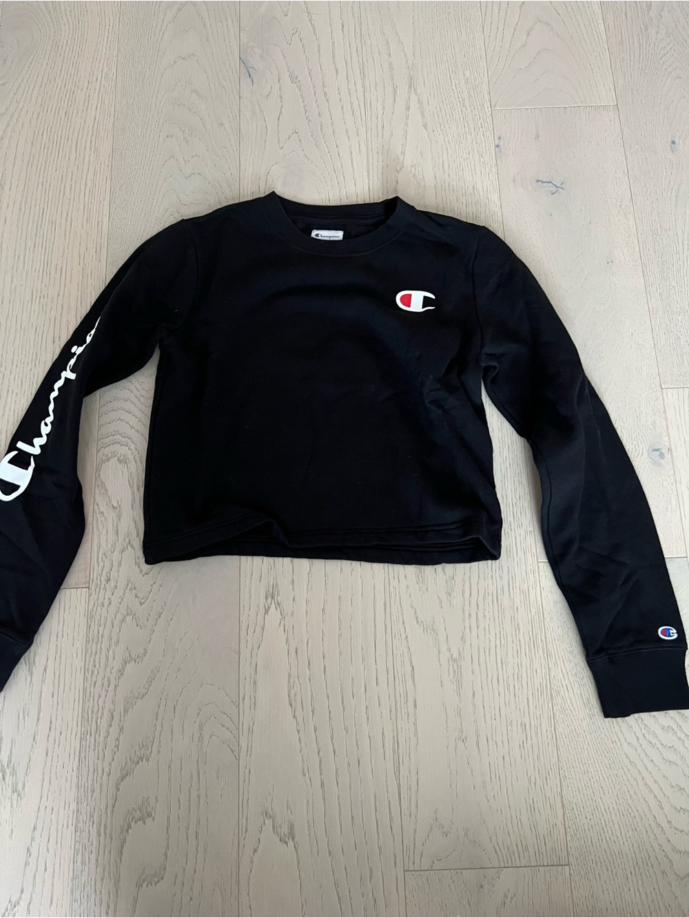 Champion Black Cropped Crew Sweatshirt with Sleeve Script